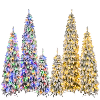 Ensemble de 6 sapins de Noël artificiels floqués et pré-illuminés – Sapins fins de 1,20 m, 1,80 m et 2,40 m avec 520 lumières DEL bicolores, 11 modes d'éclairage, 1455 extrémités de branches – Décoration de Noël floquée neigeuse peu encombrante pour les petits espaces, l'entrée et les réceptions de fin d'année