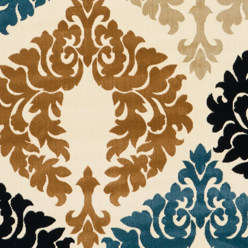 Altagracia Geometric Damask Ivory and Blue Soft Low Pile Area Rug, Rectangle 8' x 10'