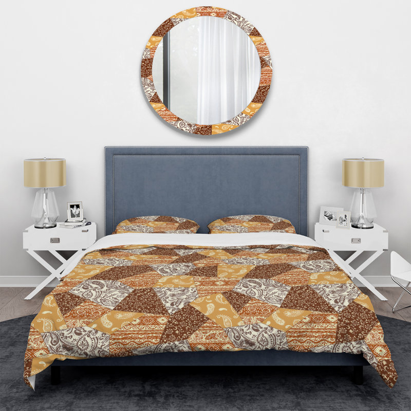 Gold And Brown Patchwork Polyester Patchwork Duvet Cover, King Duvet Cover + 2 King Shams