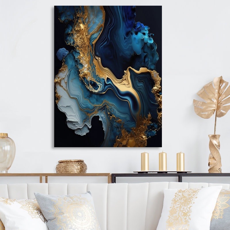 Géode abstraite marbre bleu III - décoration murale abstraite en métal marbre, H 20 po x l 12 po