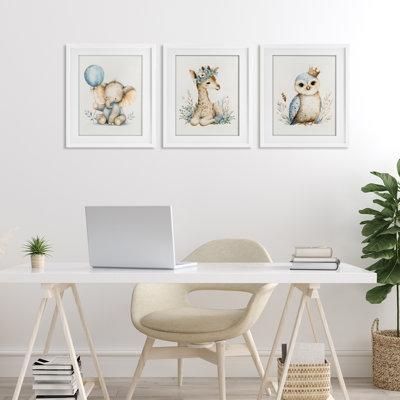 «Watercolor Nursery Animals», ensemble de 3 reproductions encadrées sous verre, par LSR Design Studio