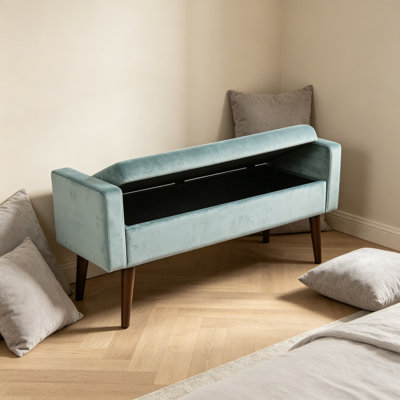 Fulton Storage Bench with Flip-Up Seat, Velvet Upholstered Ottoman Bench with Safety Hinges and Tapered Wood Legs, 48-Inch Wide Entryway and Mudroom S