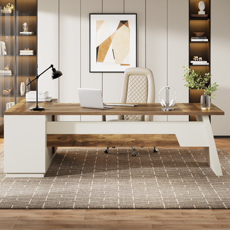 L-Shaped Executive Office Desk With Drawers, Brown/White