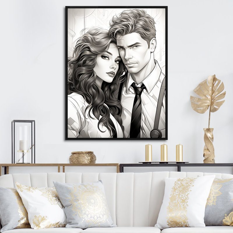 Couple Portrait Bd Illustration - Portrait romantique, art mural, Cadre flottant noir, H 44 po x l 34 po x P 1,5 po