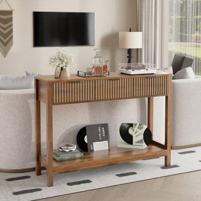 TV Console Table with Storage, Walnut Entryway Table for Living Room & Hallway, Fluted Modern Design, 11.8"D x 43.3"W x 31.5"H