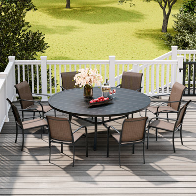 8 Person Patio Dining Set with 53" Round Metal Dining Table and 8 Stackable Textilene Chairs by Red Barrel Studio