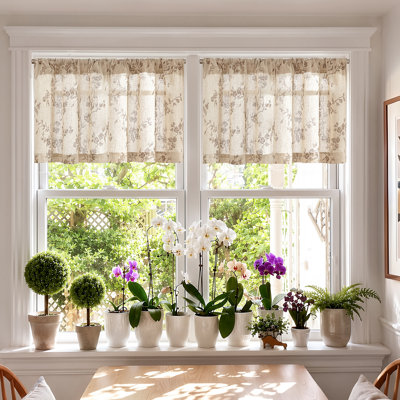Farmhouse Floral Semi-Sheer Tier Curtains, Linen Blend Cafe Curtain for Kitchen