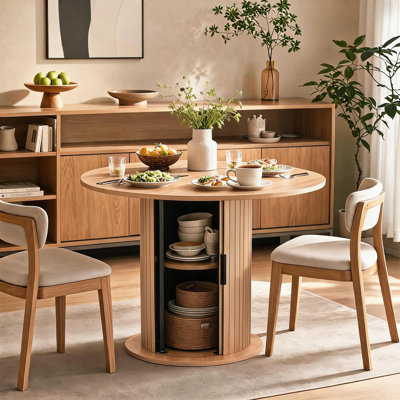 31.5" Small Round Dining Table for 2 - Solid Wood Top, Space-Saving Pedestal Column Base, Farmhouse Boho Walnut Style, Compact Kitchen/Dining Room Table - Natural Wood Color