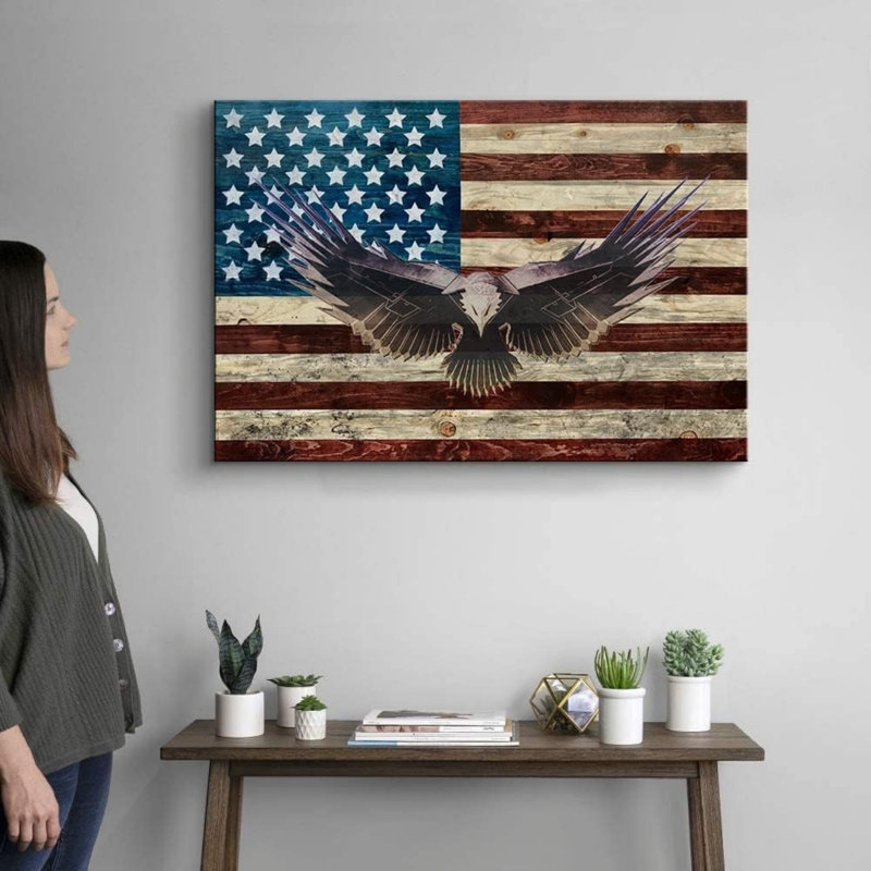 «Rustic Wood», drapeau américain, aigle géométrique, toile murale 24 x 16 pouces, décoration murale, jour commémoratif