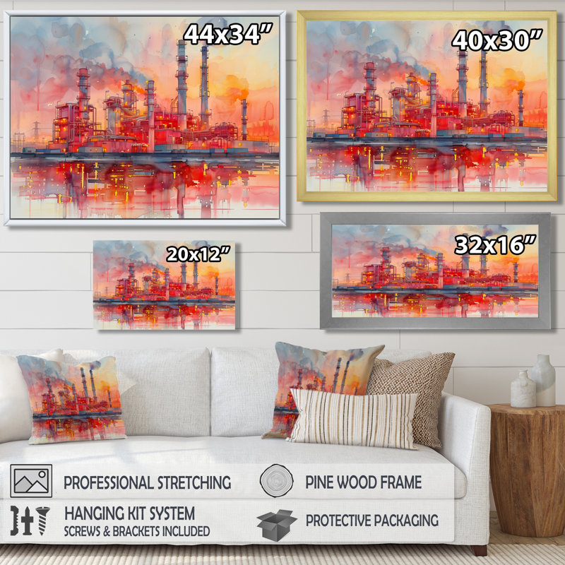 Rouge, orange, centrale électrique, paysage, centrales électriques, salon, Toile tendue, H 24 po x l 32 po x P 1 po