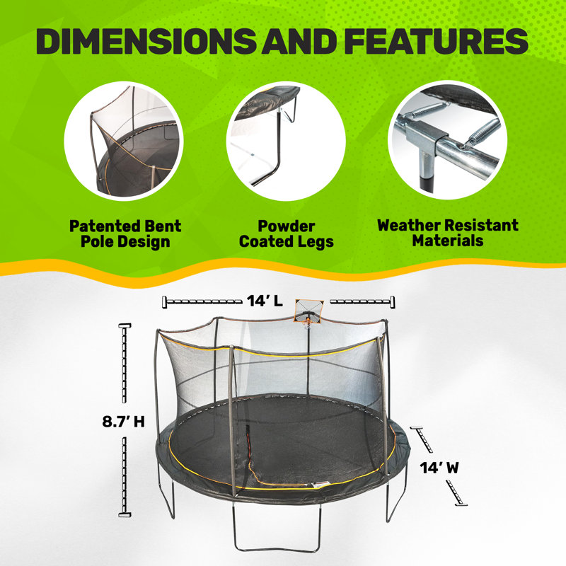 14-Foot Black Round Kids' Trampoline with Enclosure
