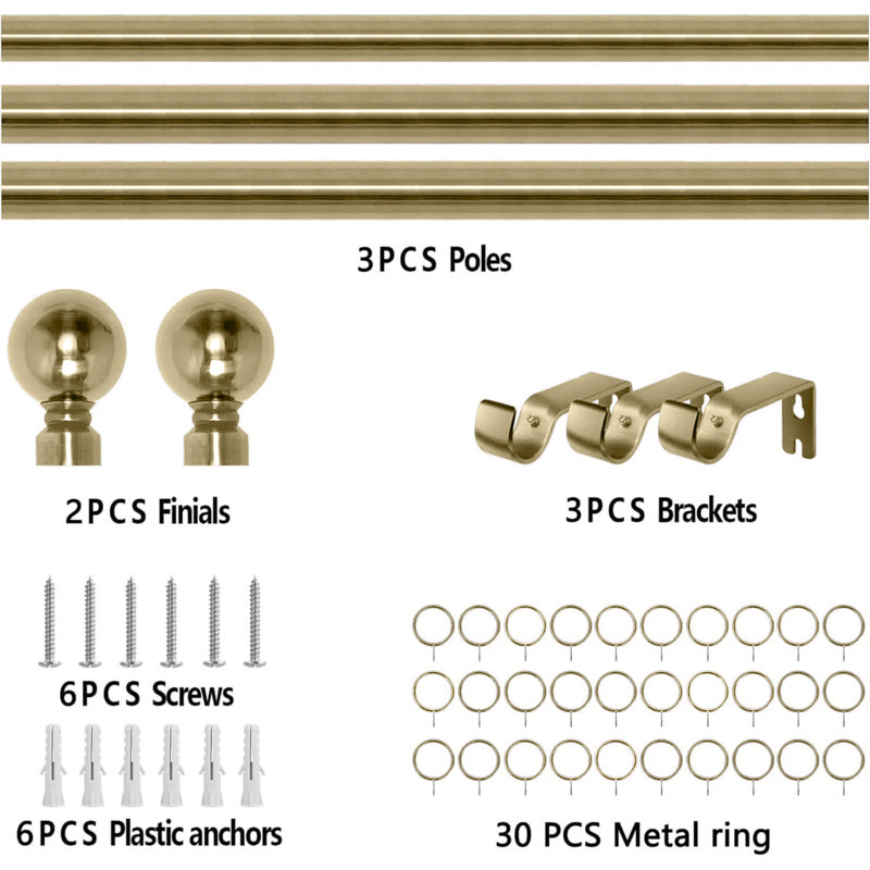 Adjustable Plain Metal Ball Curtain Rod, Antique Brass, 160-300 cm