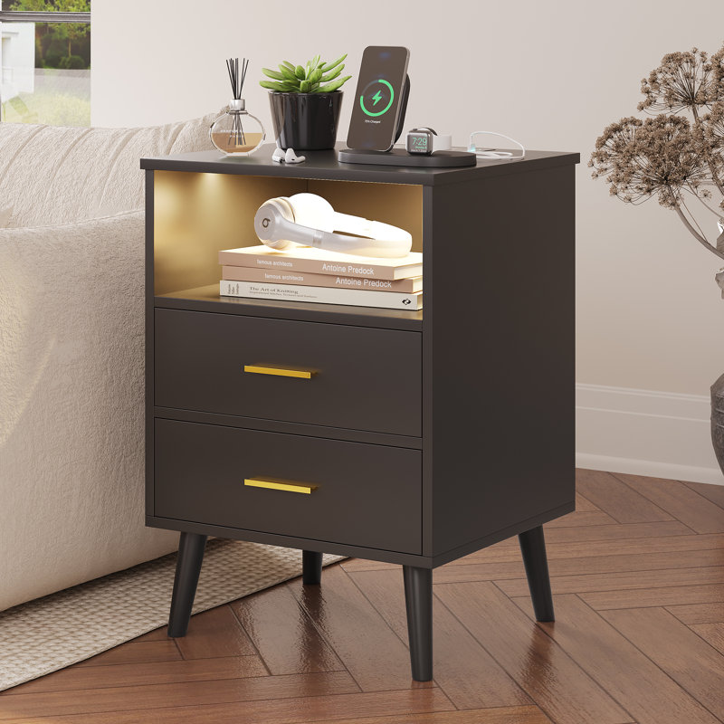 Boersma 45cm W Manufactured Wood Bedside Table, Black/Gold