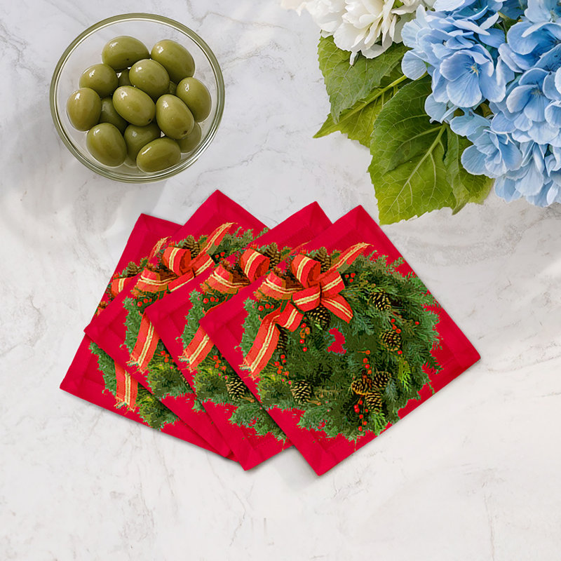 Christmas Wreath Cotton Sateen Cocktail Napkins, Red