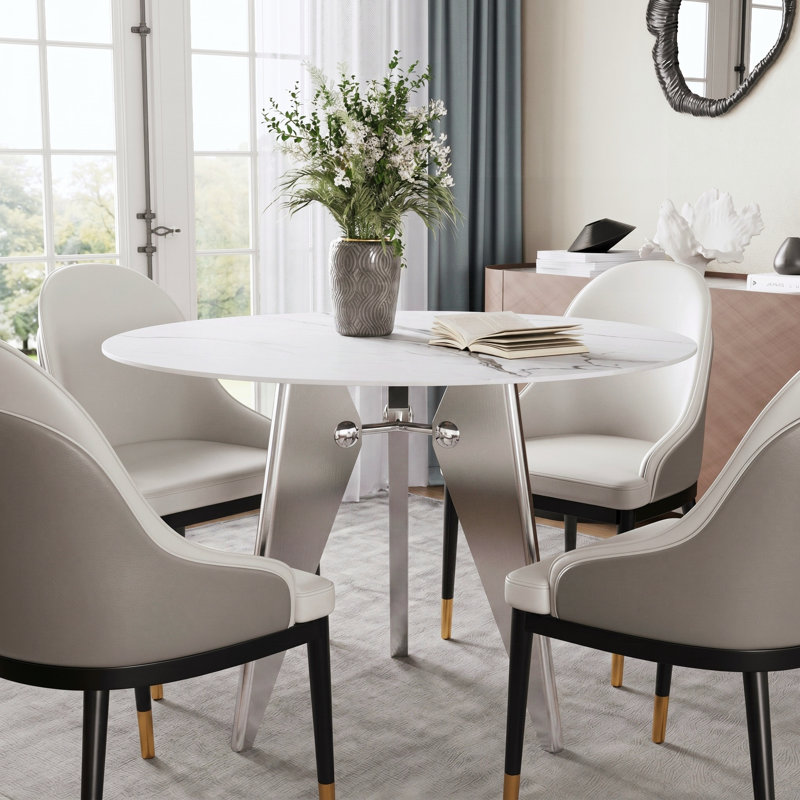 Metal Base Dining Table, 29.5"H X 43.3"W X 43.3"W, Matte Cream
