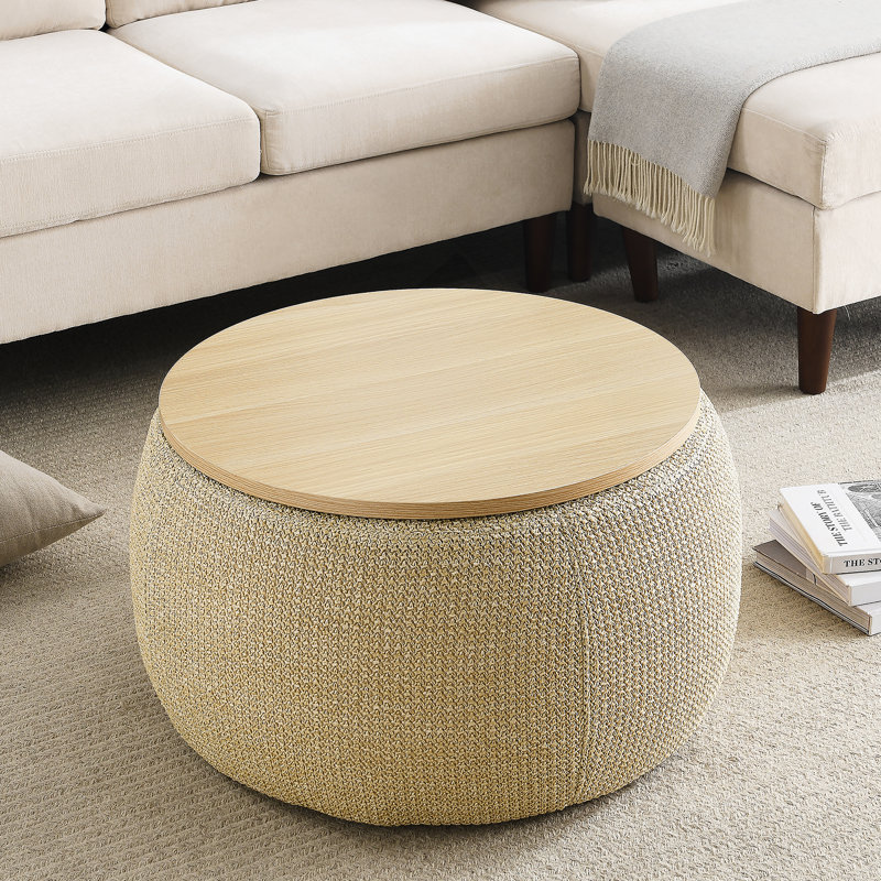 Round Storage Ottoman, 2 in 1 Function, Work as End table and Ottoman, Natural