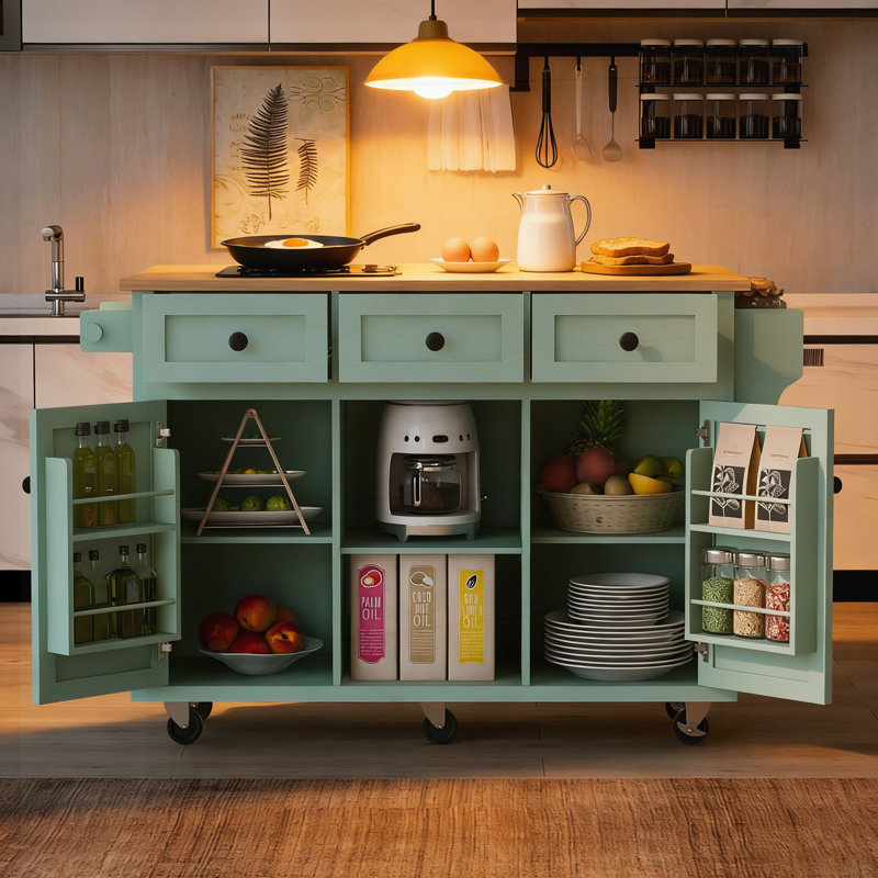 Versatile Kitchen Cart with Drop-Leaf Countertop, Adjustable Storage, and Dual Mobility Options for Modern Homes., Mint Green