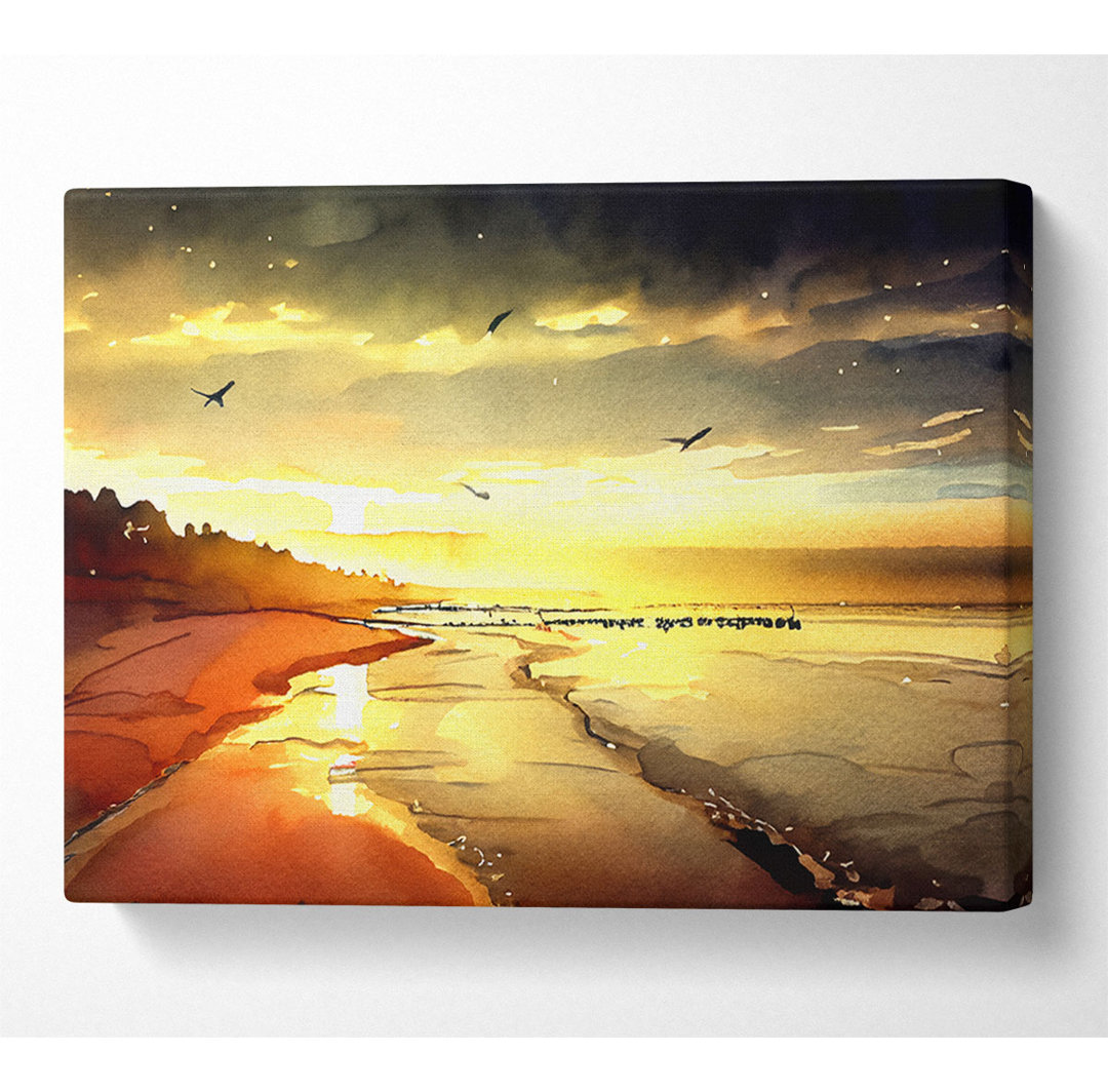 Atemberaubender gelber Sonnenuntergang Strand Leinwand Aquarell