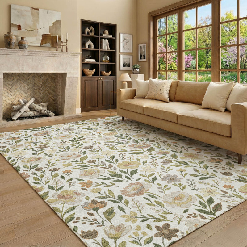 Tapis floral lavable à la machine de qualité supérieure Mayfield AMF2438, Ivoire ivoire, 10 pi x 14 pi