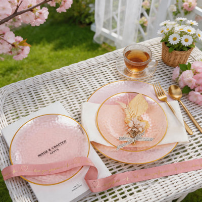 60Pcs Pink Gold Rim Hammered Disposable Party Plates