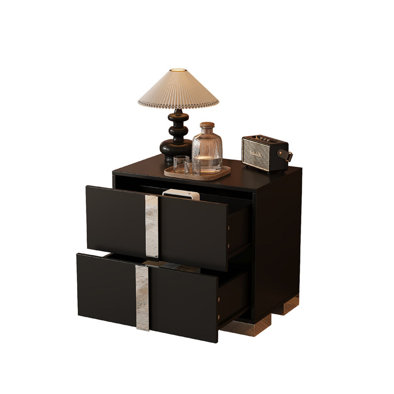 Elegant Nightstand With Metal Foot, Mirrored Bedside Table With 2 Drawers For Bedroom, Living Room, Black
