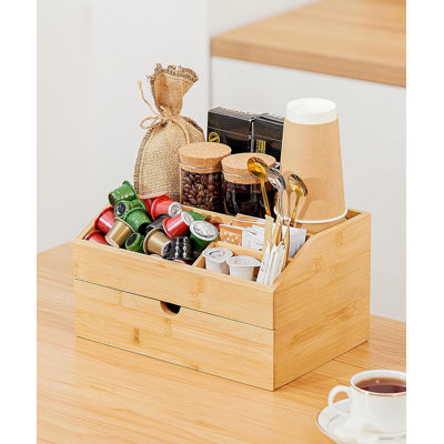 Bamboo Coffee Bar Organizer With Drawer, Countertop Espresso Station Storage For Capsules, Straws, Spoons, And Tea Accessories