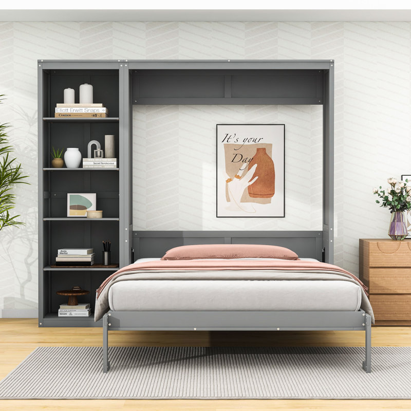 Lit escamotable en bois avec tablettes, conception pliable peu encombrante, gris, Double