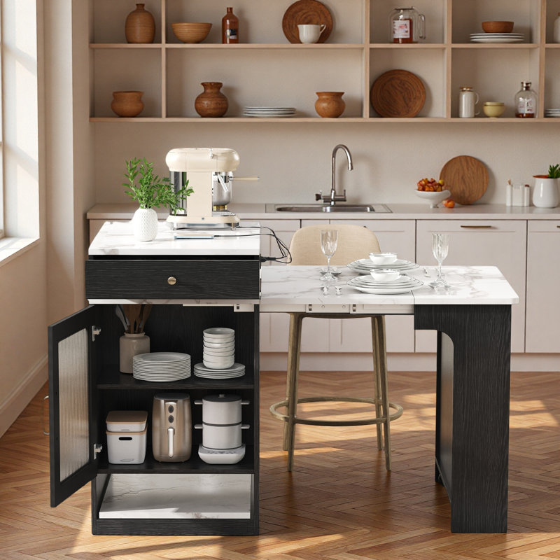 Îlot de cuisine avec table de salle à manger extensible, rangement double face, 2 tiroirs, prise de courant et tablettes latérales ouvertes