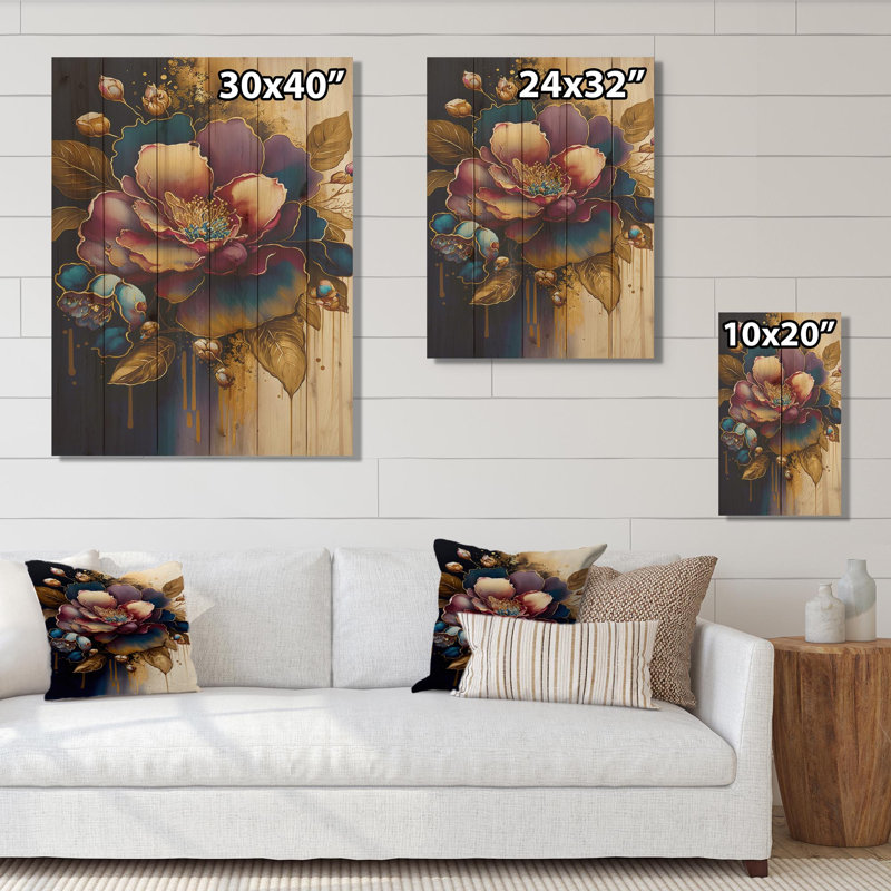 Motif floral rouge et doré Camellia I - impression sans cadre sur bois, H 40 po x l 30 po x P 1,5 po