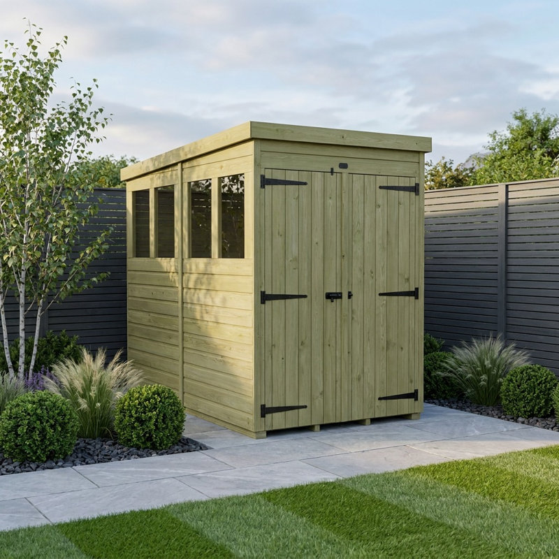 Total Sheds 4ft x 7ft Pent Garden Shed - Double Door - With Windows - Pressure Treated Timber - UK Manufactured