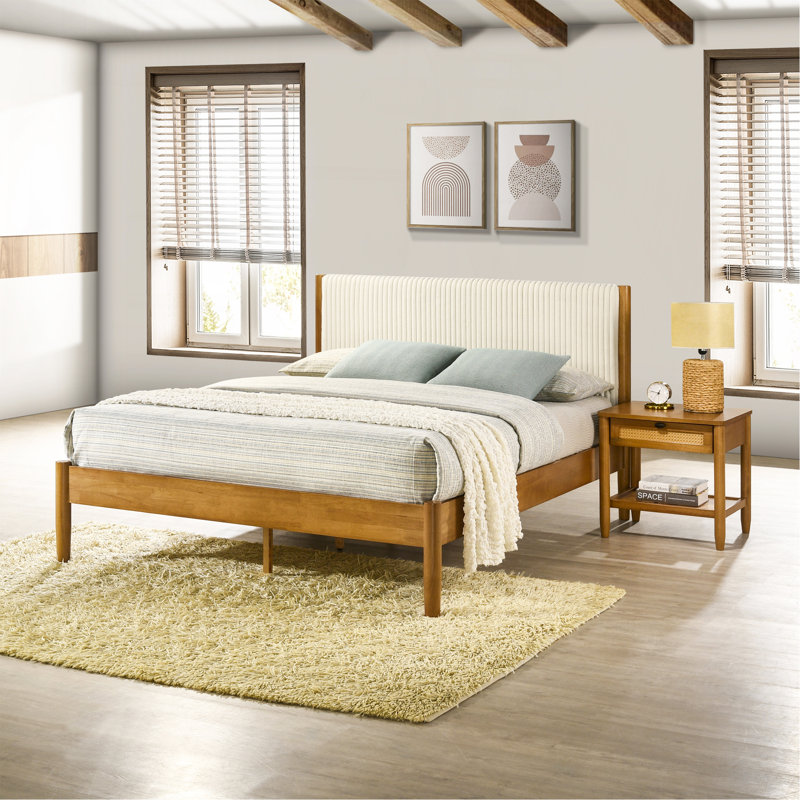 Ensemble de chambre à coucher 5 pièces avec grand lit tapissier en velours côtelé, commode, miroir, table de chevet et commode Vichy