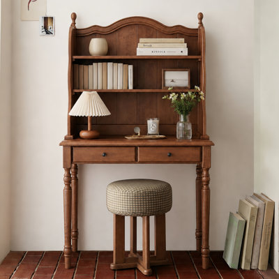 Mid-Century Desk with 2 Drawers & Storage Shelves, Wood Computer Vanity Desk, Home Office Study Desk, Walnut