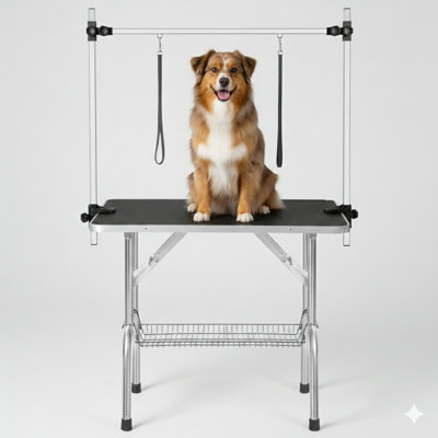 Large-scale grooming table suitable for dogs and cats, constructed for heavy-duty use, features an adjustable arm and securing clamps, measures 42 inches, finished in Black.