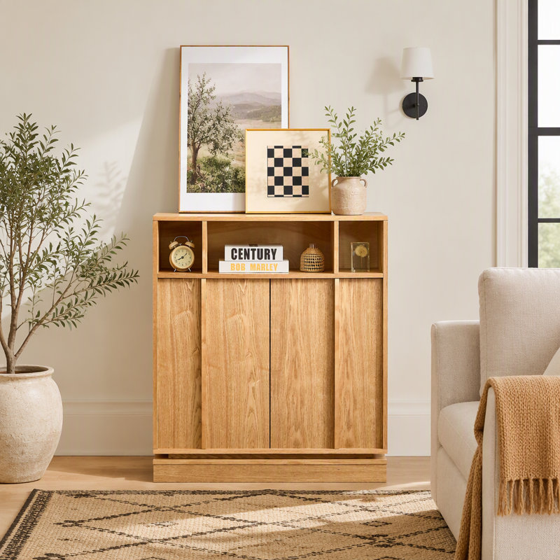 Buffet de style champêtre à panneaux cannelés avec rangement, étagère réglable, meuble télé avec passe-câbles, meuble de rangement d'appoint moderne et vintage pour entrée, couloir, cuisine, salon