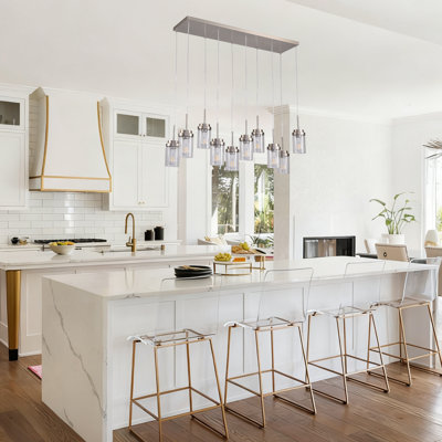 Luminaire suspendu linéaire en nickel à 10 lumières pour îlot de cuisine avec abat-jour en verre bullé