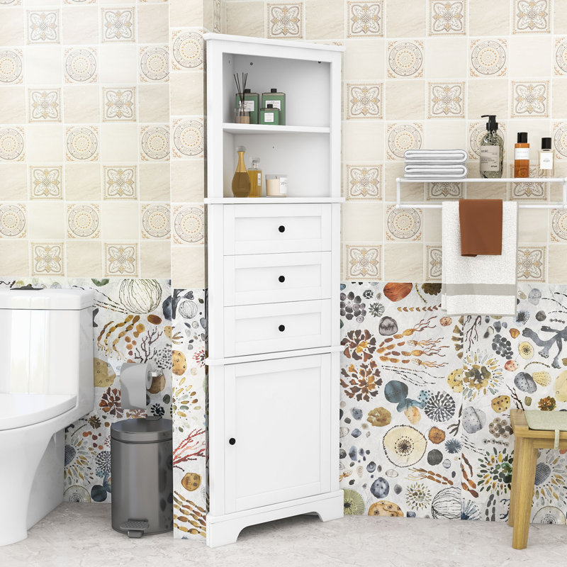 Triangle Bathroom Corner Cabinet with Adjustable Shelves, Triangle Drawers and Enclosed Storage, White