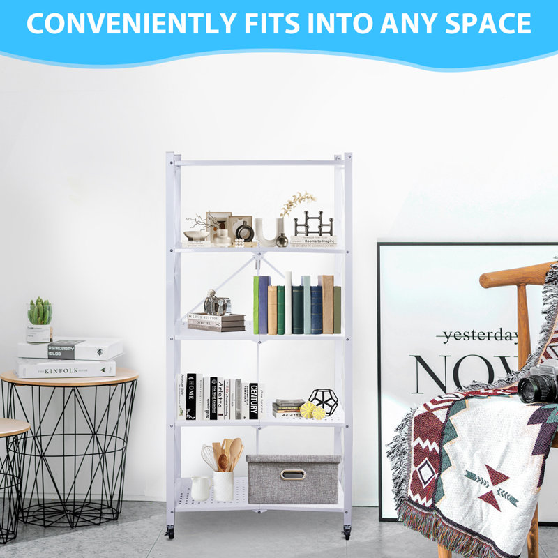 5-Tier Foldable Metal Shelving Unit with Wheels