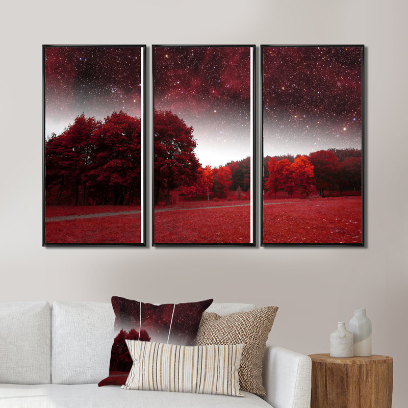 Mystical Red Spring Night - ensemble d'art mural sur toile encadré paysage 3 pièces, L 36 po x H 20 po, Cadre noir