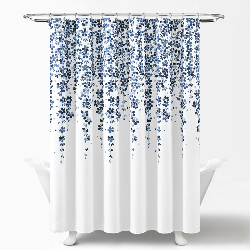 Anatoli Polyester Shower Curtain, White/Navy