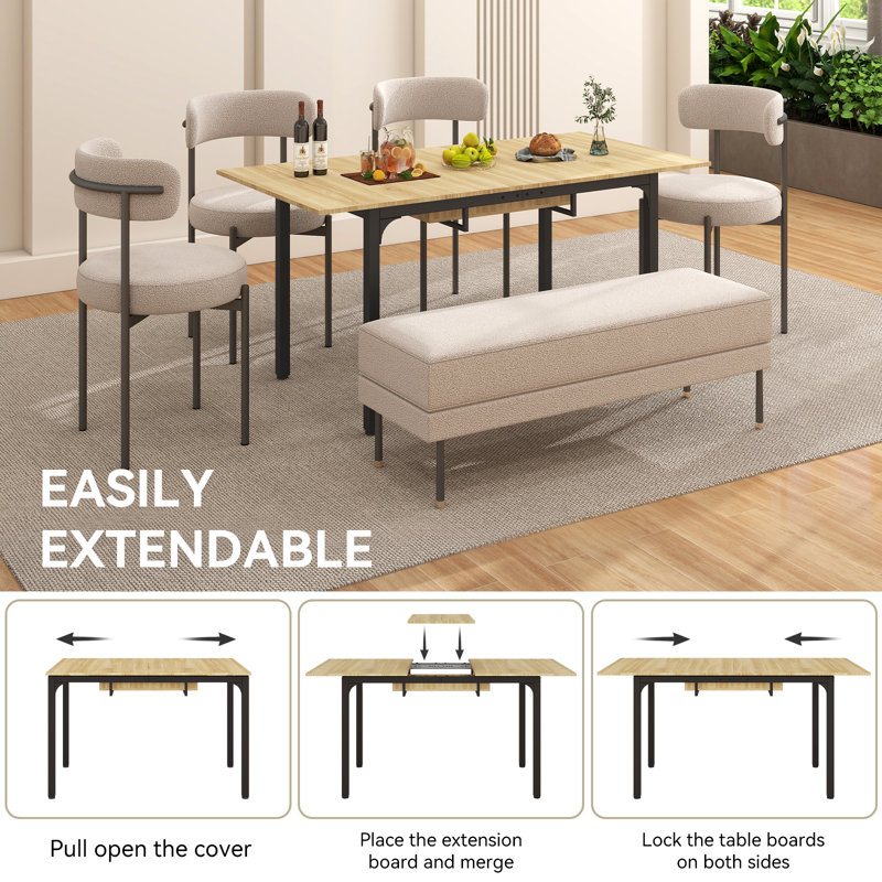 Extendable Antke Dining Table With 110-150cm Tabletop, Kitchen Wood Desk With 4-8 Seats, Space Saving, Beige, 120-160cm