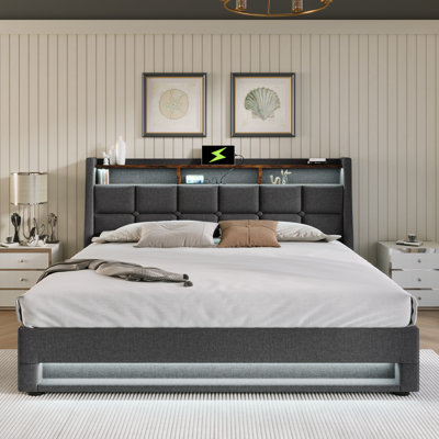 Structure de lit plateforme tapissier avec tête de lit à DEL, ports de chargement USB et rangement à levage hydraulique, aucun sommier nécessaire