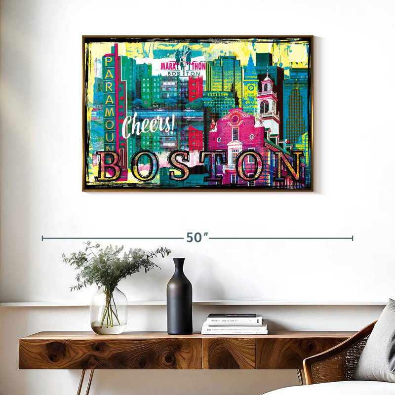 Repères grunge de Boston City, 37 po x 25 po, Cadre flottant doré