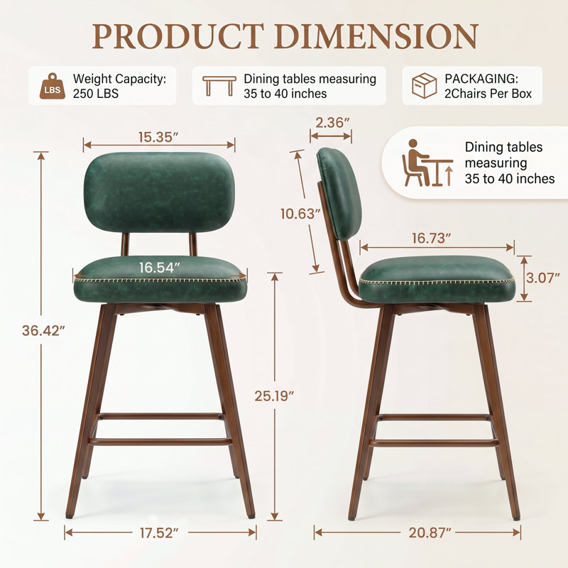 Tabourets de bar Nidovia 63,5 cm (25 po) de hauteur comptoir, pivotants à 360°, dossier bas, revêtement en similicuir, assise rembourrée, pieds en métal et repose-pieds.