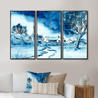 «Landscape in Blue Tones of a Small Town», reproduction de cadre flottant sur toile 3 pièces