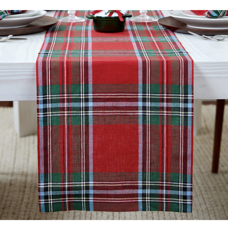 Madras Holiday Plaid - 100% Pure Linen Table Runner, 156" x 14"