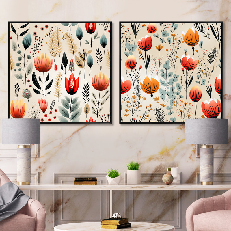 Motif floral orange Meadow - ensemble de 2 collages carrés botaniques abstraits, Cadre flottant noir, H 16 po x l 33 po