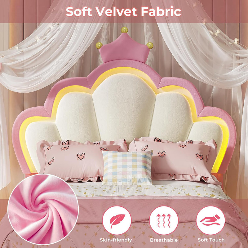 Bed Frame With Led Lights, Girls Full Bed With Princess Crown, Led Velvet Upholstered Platform Bed Frame With Adjustable Headboard, No Box Spring Needed