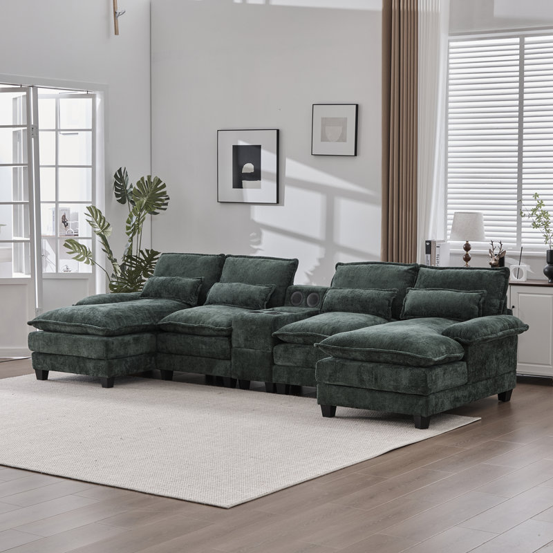 127'' Sectional Couches For Living Room,U Shaped Cloud Couch Sectionals With Console Bluetooth Speaker For Living Room-Emerald