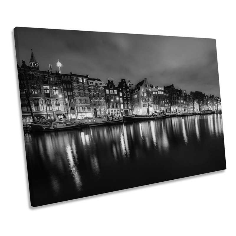 Amsterdam City Night Skyline B&W - Wrapped Canvas Print, 30.5cm H x 45.7cm W x 2cm D