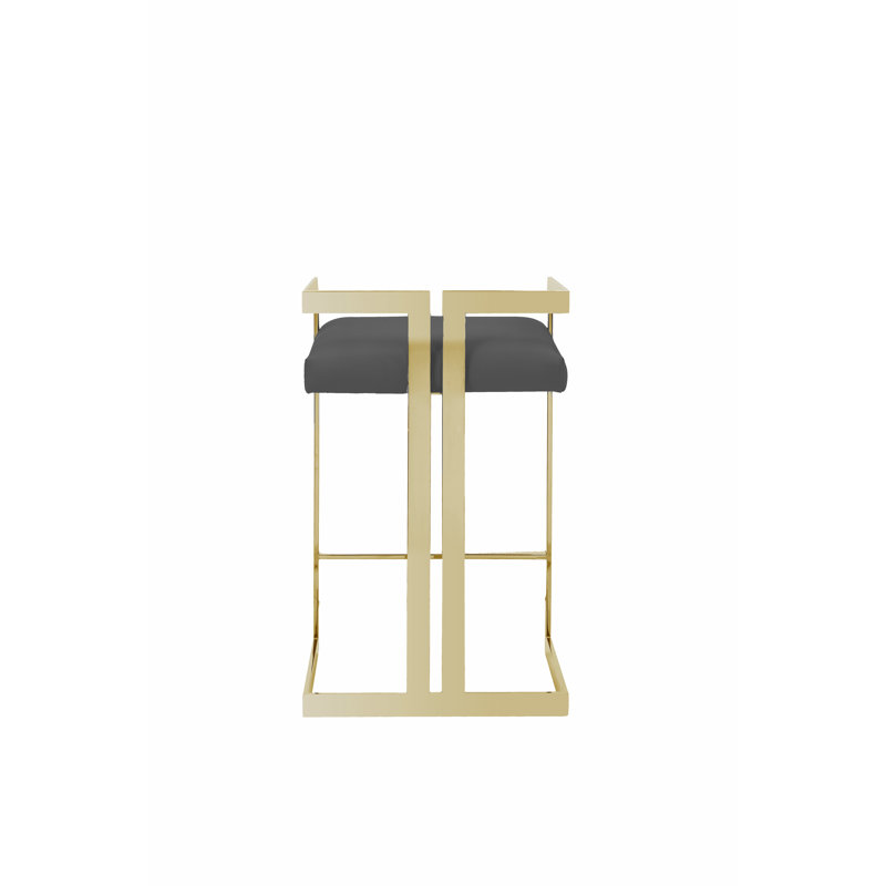 Upholstered Counter Stool, Gold, Black Genuine Leather
